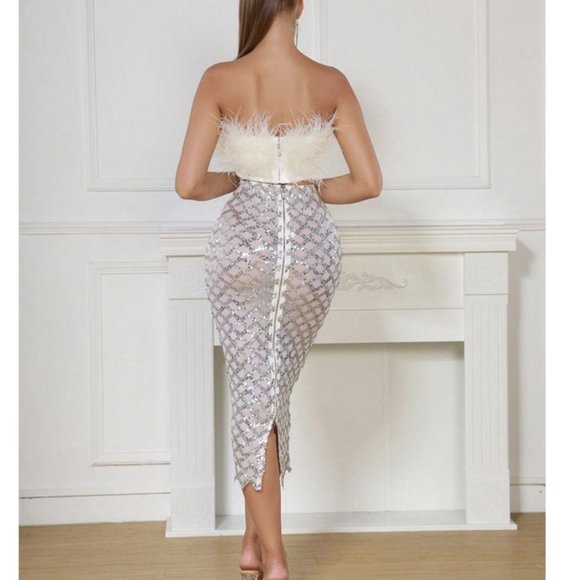 Cream fuzzy Feather Trim Crop Tube Top & Sexy silver Sequin sheer Pencil Skirt - Picture 7 of 10